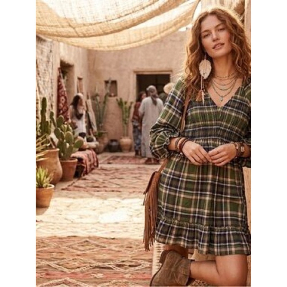Hudson Gray Green Plaid Smocked Mini Dress XL Cotton Boho Long Sleeve Fall Dress